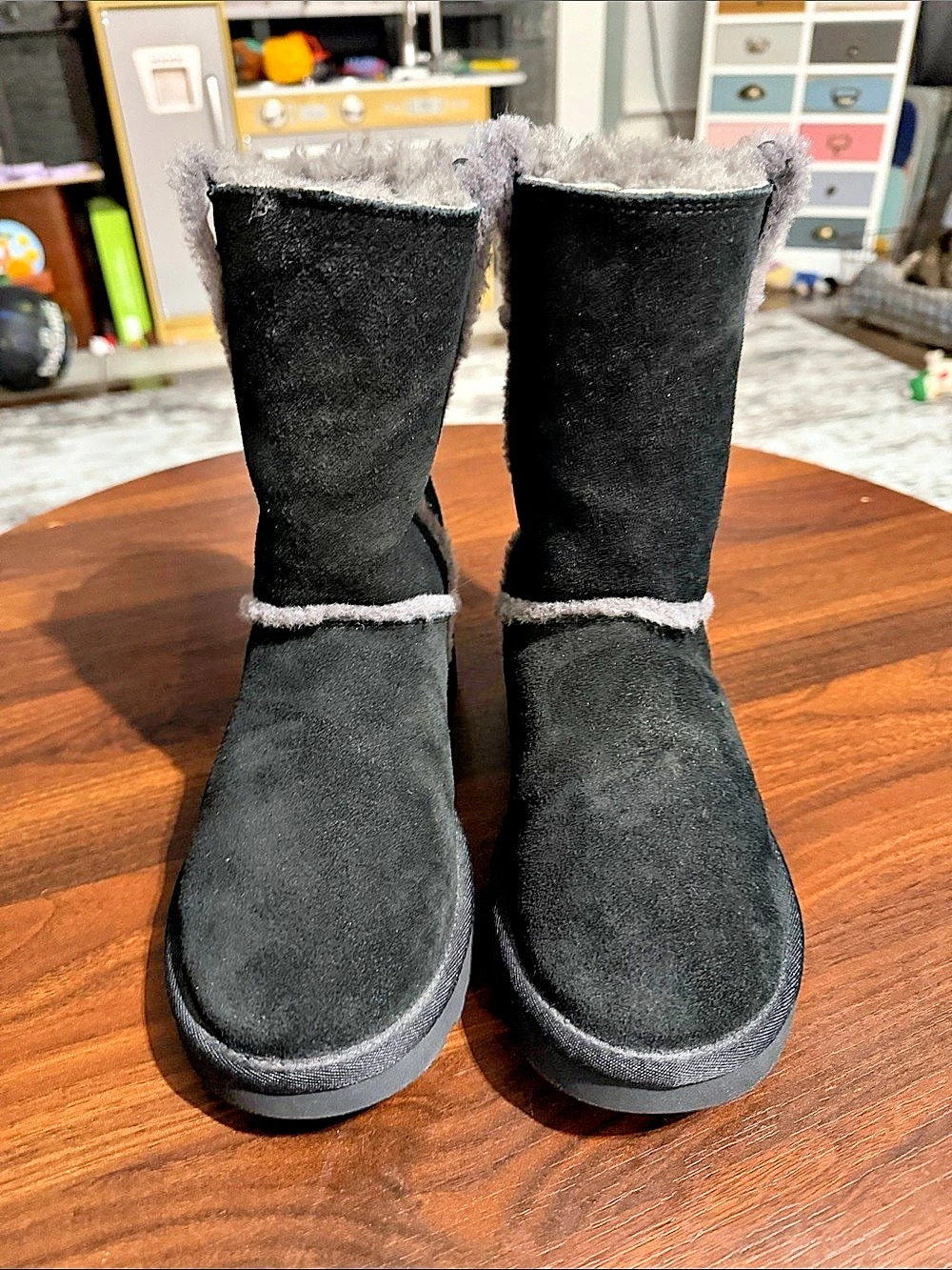 UGG Classic Tall Black Suede Shearling Boots Women’s Size 8 Gray Trim